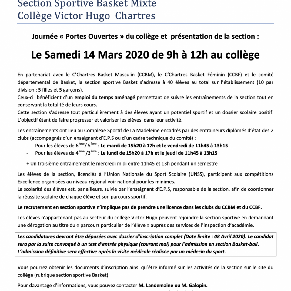 Portes ouvertes de la section sportive collège