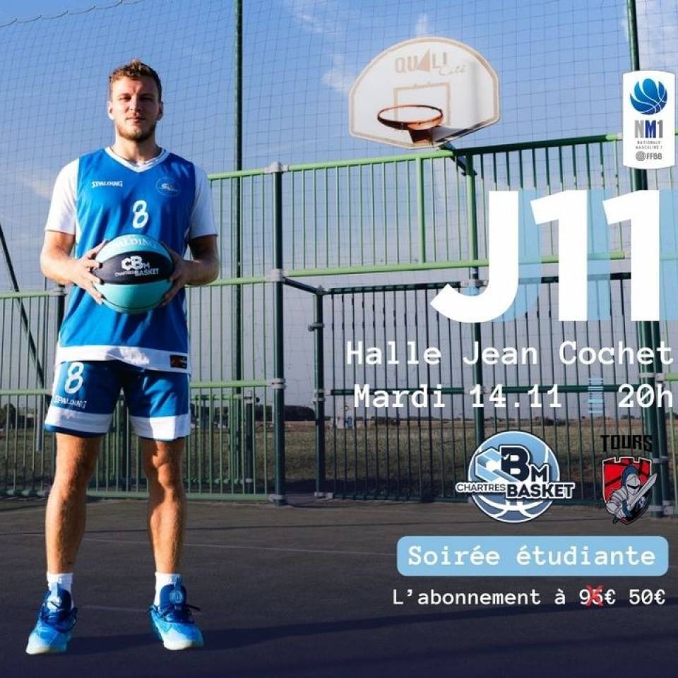 🔵 Billetterie J11

On enchaîne avec le prochain match à domicile mardi 14.11 face à Tours ! La billetterie est déjà en ligne 😀

❗️Cette soirée spéciale sera dédiée aux étudiants puisque nous proposerons un abonnement spécial (sur présentation de la carte étudiante) à 50€ au lieu de 95€ (Offre valable uniquement ce soir-là) !

Les infos de la J11 ici 🔽
🆚 Tours Métropole Basket  
🎟️ https://bit.ly/44V1Zdw
📆 Mardi 14 novembre 
⌚️20h
📍Halle Jean Cochet
📺 chartrestv.fr

👉 On compte sur vous pour venir les encourager ! Ils en ont besoin !

📷 @westcoo 

#basketchartres #basketmasculin #chartres #basketball #ffbb #nm1 #sportschartres