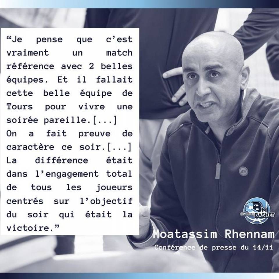 💬 Les mots de Moatassim

... Après la victoire face à Tours. Encore bravo à tous ! 

👊 Maintenant, place au déplacement aux Sables d'Olonne !

#basketchartres #basketball #nm1 #ffbb #TeamCCBM #basket #chartressports