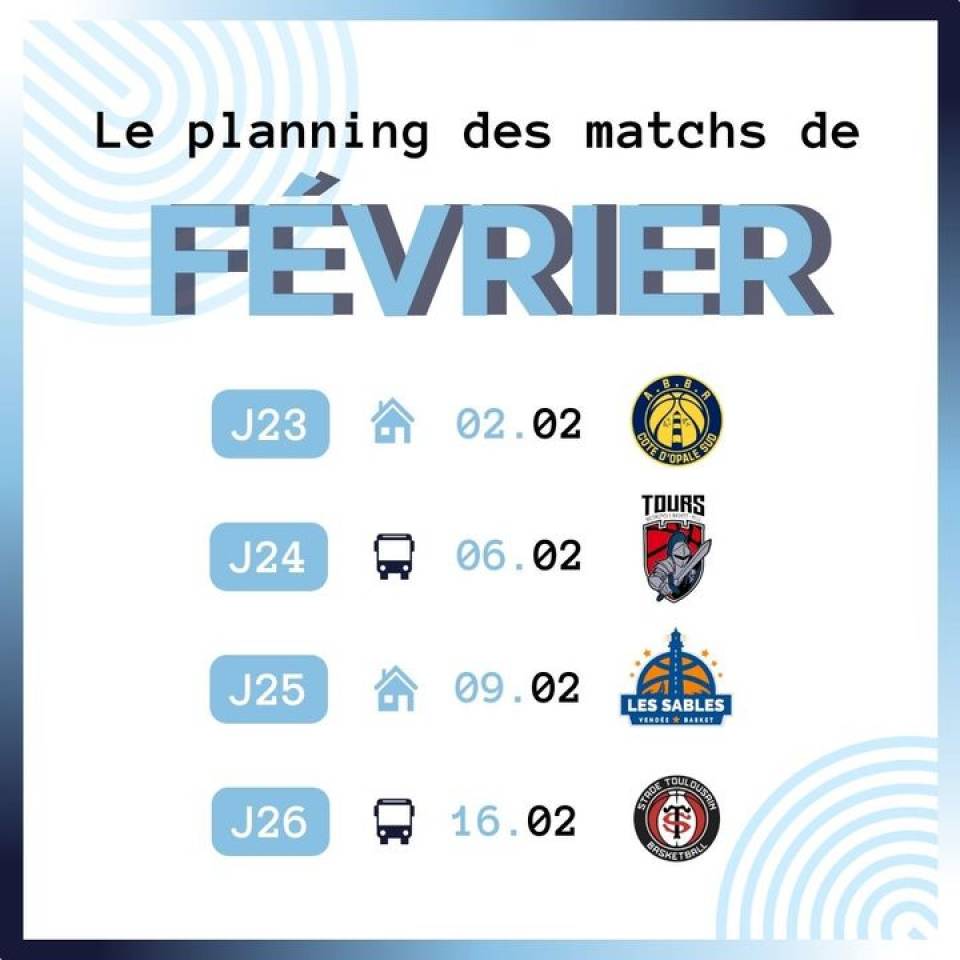 📆 L’agenda du mois

Fin de la 1ère phase pour la #teamccbm⚪️🔵 le 16 février !

Nous recevrons 2 matchs avant d'entamer la phase 2 en mars. 

#basketball #basketchartres #chartressports #nm1 #ffbb #passionbasket