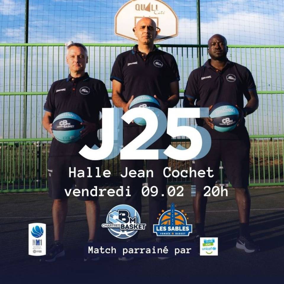🔵 Billetterie J25

Vous n'avez pas encore réservé vos places pour la J25 ? Vendredi soir, la #teamccbm⚪️🔵 reçoit @les_sables_vendee_basket et ce sera le dernier match de la phase aller à Cochet !

Les infos de la J23 ici 🔽
🆚 @les_sables_vendee_basket 
🎟️ https://bit.ly/44V1Zdw
📆 Vendredi 9 février
⌚️20h
📍Halle Jean Cochet
📺 chartrestv.fr

👉 Match parrainé par Unicef France. Nous avons prévu une tombola et l'intégralité des fonds sera reversé à l'UNICEF. 

👉 On vous attend nombreux, en forme et prêts à encourager votre équipe !

📷 @stqrt_

#basketchartres #basketmasculin #chartres #basketball #ffbb #nm1 #sportschartres