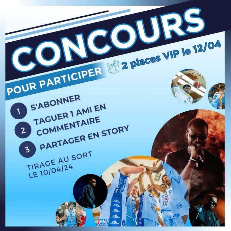🔥 JEU CONCOURS

Vendredi, la #teamccbm reçoit Avignon au Colisée, avec à la fin du match, un showcase exclusif de @dadju.

Pour cet événement exceptionnel, le club a décidé de vous gâter ! 

👉 On vous offre la possibilité de gagner 2 places VIP pour assister au match de vendredi soir !

Pour participer et être le ou la chanceuse, rien de plus simple :
1. ﻿﻿﻿ Abonnez-vous à notre page Facebook
2. ﻿﻿﻿Mentionnez en commentaire la  personne avec qui vous souhaitez partager ce moment !

❗️ Tirage au sort du gagnant le mercredi  10/04 à 18h

#basketmasculin #passionbasket #villedechartres #eureetloir #regioncentrevaldeloire