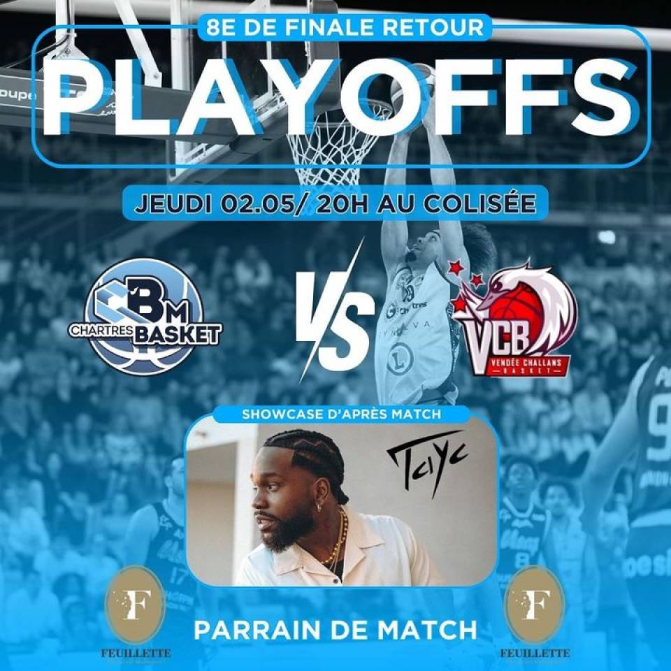 🎟️ Billetterie Colisée - 8e de finale 
➡️ jeudi 2 mai - 20H

& Show d’après match @TAYC 

Pour notre 1er match de playoffs au Colisée, la #teamccbm reçoit Vendée Challans basket. Pour que ce match soit inoubliable nous avons appelé un ami 😁

Nous aurons également besoin de votre soutien à tous pour remporter cette deuxième manche

👉 La billetterie sera en ligne demain à 15h et on ne manquera pas de vous le rappeler ! 

#basketball #basketmasculin #villedechartres #chartres #nm1