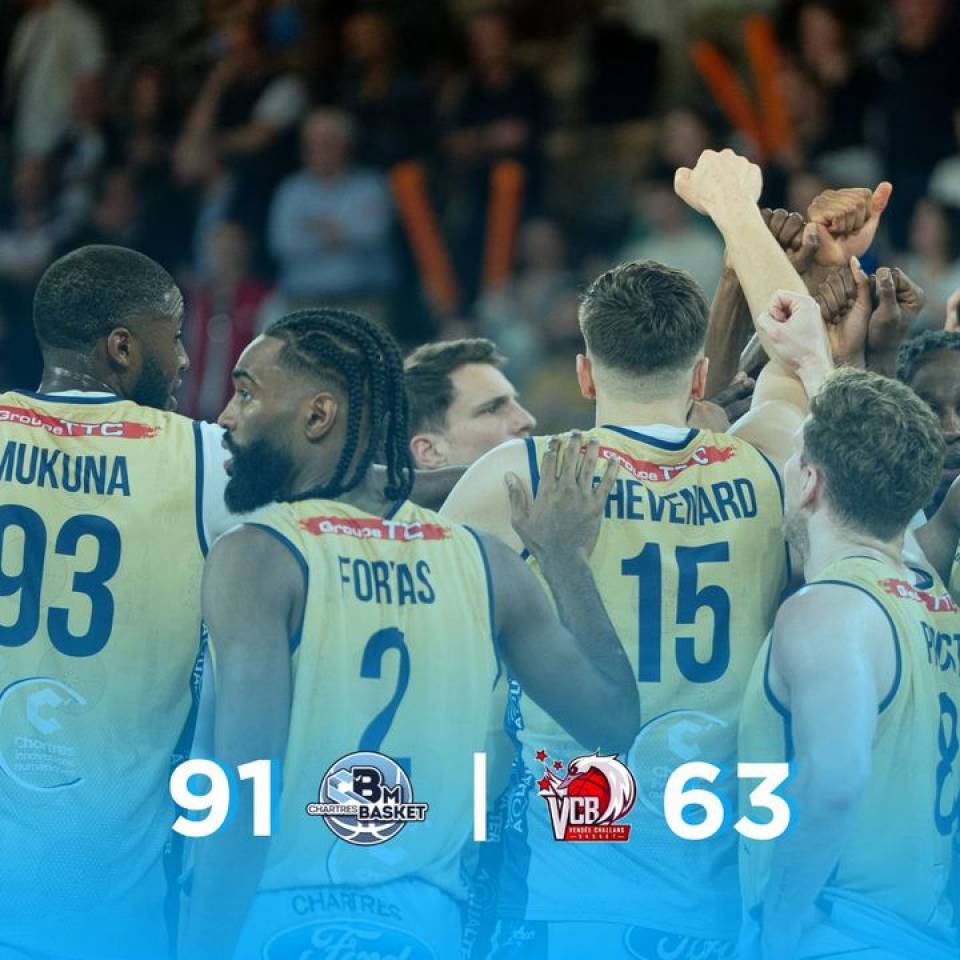 ✅ Victoire 91-63 face à Challans et qualification pour les 1/4 de finale !

Les #PLayOffs continuent pour la #TeamCCBM. On vous en dit plus très bientôt of course !

Message aux 4000 personnes présentes ce soir : va falloir vite revenir encourager votre équipe !

#basketball #basketchartres #objectifprob #nm1 #ffbb #chartres #chartressports #chartresbasket