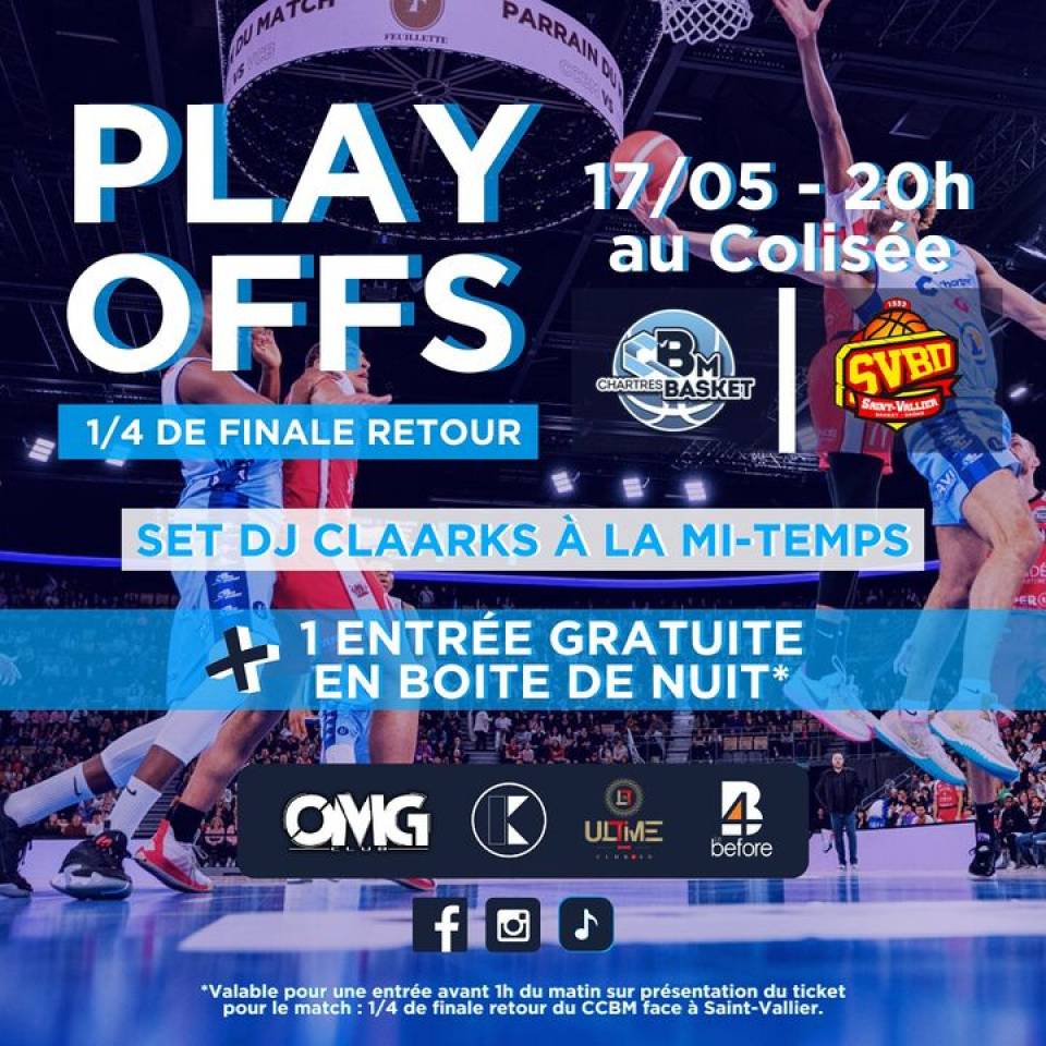 🕺🔥 Soirée Basket et Fête avec le C’Chartres Basket Masculin et l’OMG ! 

Fans de basket et fêtards, nous avons une surprise pour vous ! En collaboration avec l’OMG, nous vous proposons une offre exclusive :

🎟️ 1 place achetée pour les 1/4 de finale retour = 1 place OFFERTE en boite de nuit ! 🎟️

Venez vibrer avec nous lors de notre prochain match et prolongez la soirée dans l'ambiance électrisante de l’OMG mais aussi de la kapricieuse et de l’ultime club ! Une expérience unique vous attend, alliant sport et fête…
Avec le set de dj claarks à la mi-temps 🎧

📅 Date : vendredi 17 mai
📍 Lieu : Colisée 
⏰ Heure : 20 heures 

Pour profiter de cette offre, présentez votre billet de match à l'entrée de la Boîte de Nuit, avant 1h. Ne manquez pas cette occasion de passer une soirée inoubliable !

👉 La billetterie est dispo ici www.old.ccbm.fr !

#basketball #playoffsnm1 #ffbb #nm1 #chartres #basketchartres