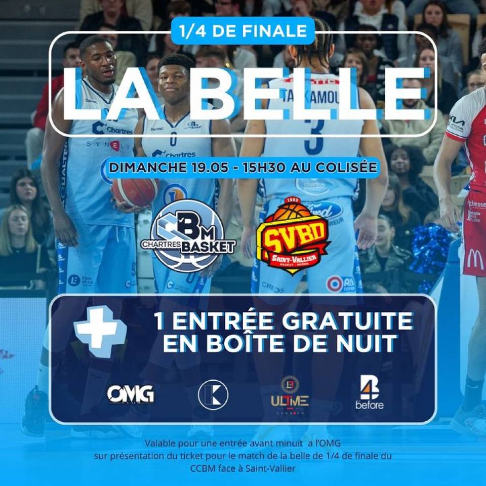 🔥🏀 C’Chartres Basket masculin vs Saint-Vallier - Quart de Finale** 🏀🔥

Ce dimanche 19 mai à 15h30, c'est le moment de vérité ! le C'Chartres Basket a besoin de VOUS pour franchir une étape décisive et accéder aux demi-finales. Venez mettre le feu au Colisée et soutenir nos champions dans ce match crucial contre Saint-Vallier !

Offre exceptionnelle :
👉 Tarif unique adulte : 10€
👉 Tarif unique enfant : 8€🔥 

Et si tu es venu vendredi soir, tu as -20% sur ta place. En bénéficier, c'est simple, il suffit de se connecter avec ses identifiants habituels !

🎉 Grâce à notre partenariat avec la boîte de nuit OMG, chaque place achetée pour le match vous donne droit à une entrée gratuite à l'OMG ! Sport et fête, que demander de plus ?

Nous comptons sur nos supporters pour créer une ambiance inoubliable et pousser notre équipe vers la victoire ! 💪🏽🔥

#chartres #basketchartres #nm1 #playoffsnm1 #FFBB #basketnm1 #eureetloir #regioncentrevaldeloire #p assionbasket